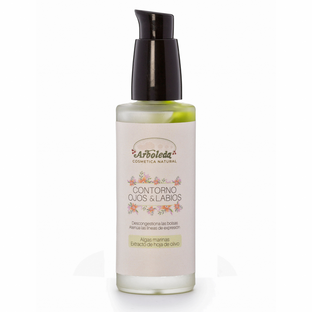 Imagen de un envase de Contorno de Ojos y Labios con algas marinas y extracto de hoja de olivo de Arboleda Cosmética Natural.