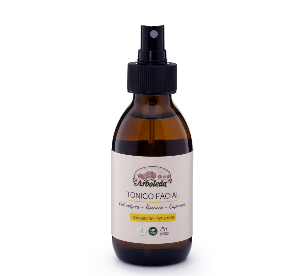 Imagen de un envase de Tónico Facial Equilibrante con Rosacea e Hidrolato de Hamamelis Bio de Arboleda Cosmética Natural.