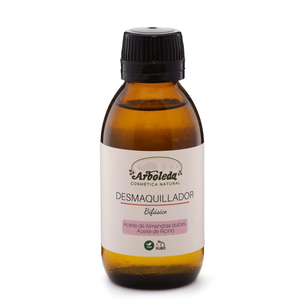 Envase de desmaquillador bifásico con aceite de almendras dulces y ricino de Arboleda Cosmética Natural.