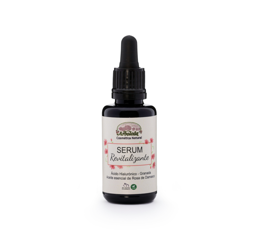 Imagen de un envase de Sérum Revitalizante con ácido hialurónico y Rosa de Damasco de Arboleda Cosmética Natural.