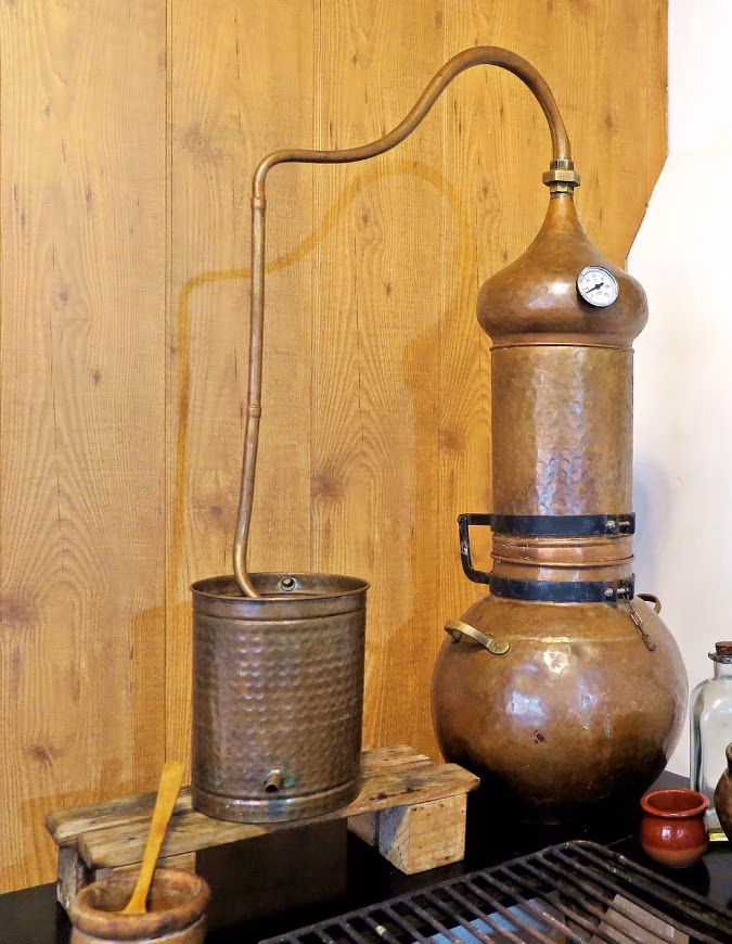 Imagen del proceso de destilado de aceites esenciales en Arboleda Cosmética.